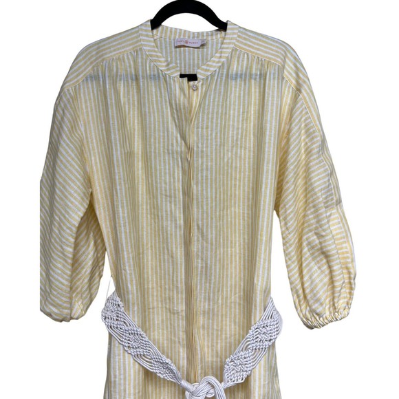 Tory Burch Linen Maxi Dress Yellow/ White Stripe Caftan Women’s Size Large - Picture 3 of 12